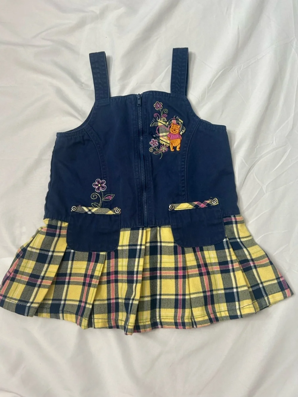 90’s  Y2K Winnie the Pooh Peplum Dress Jumper Yellow Navy Embroidered Plaid 3T